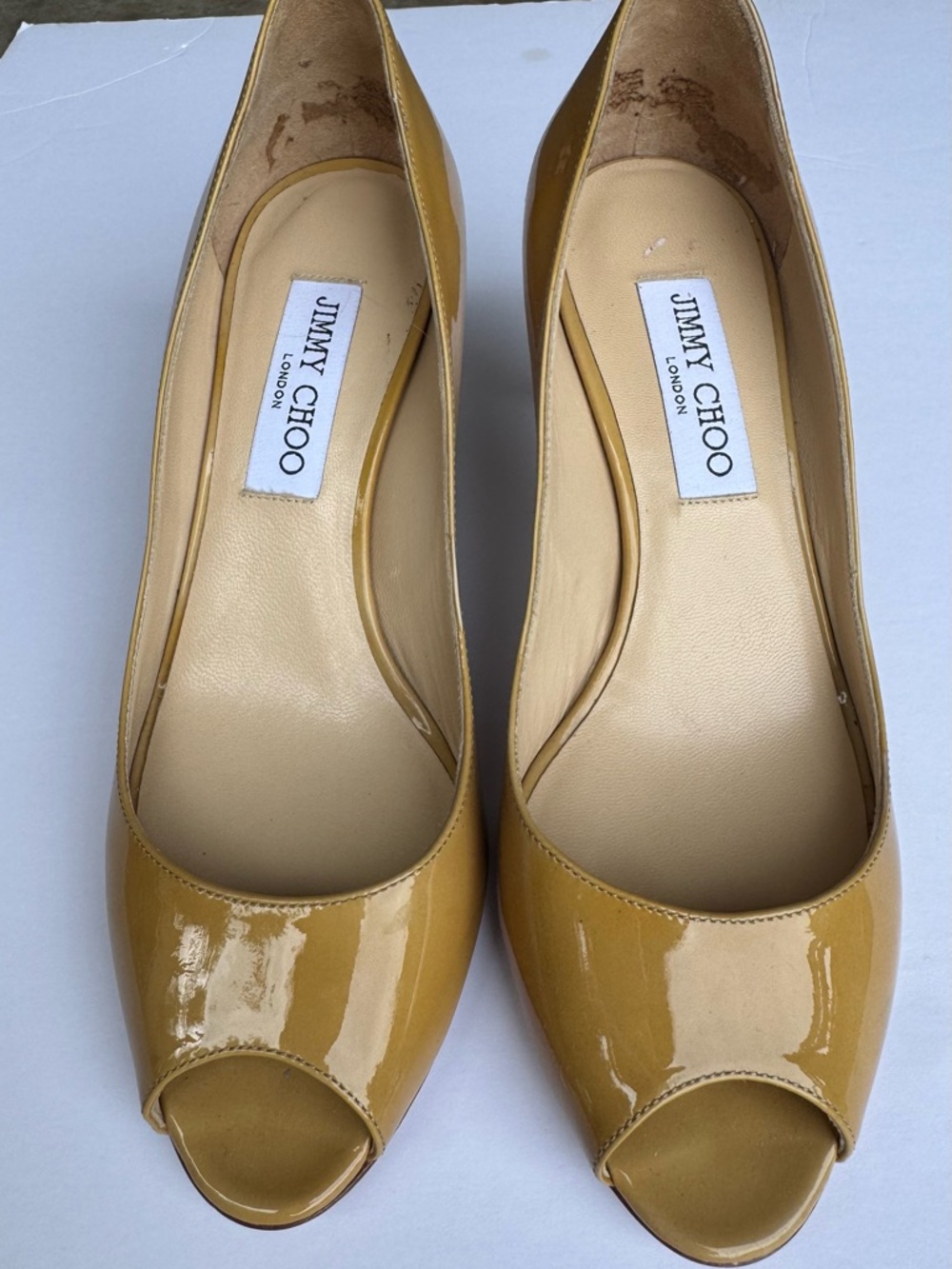 Jimmy Choo Mustard Yellow Patent Peep-Toe Pumps
